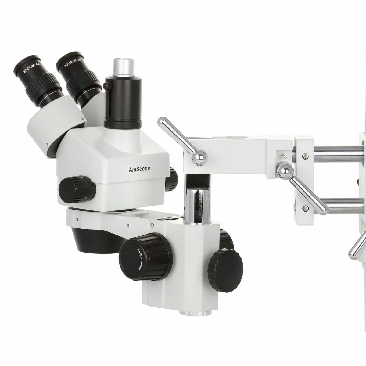 AmScope 10X wide-field eyepieces for glasses-friendly viewing and comfort.