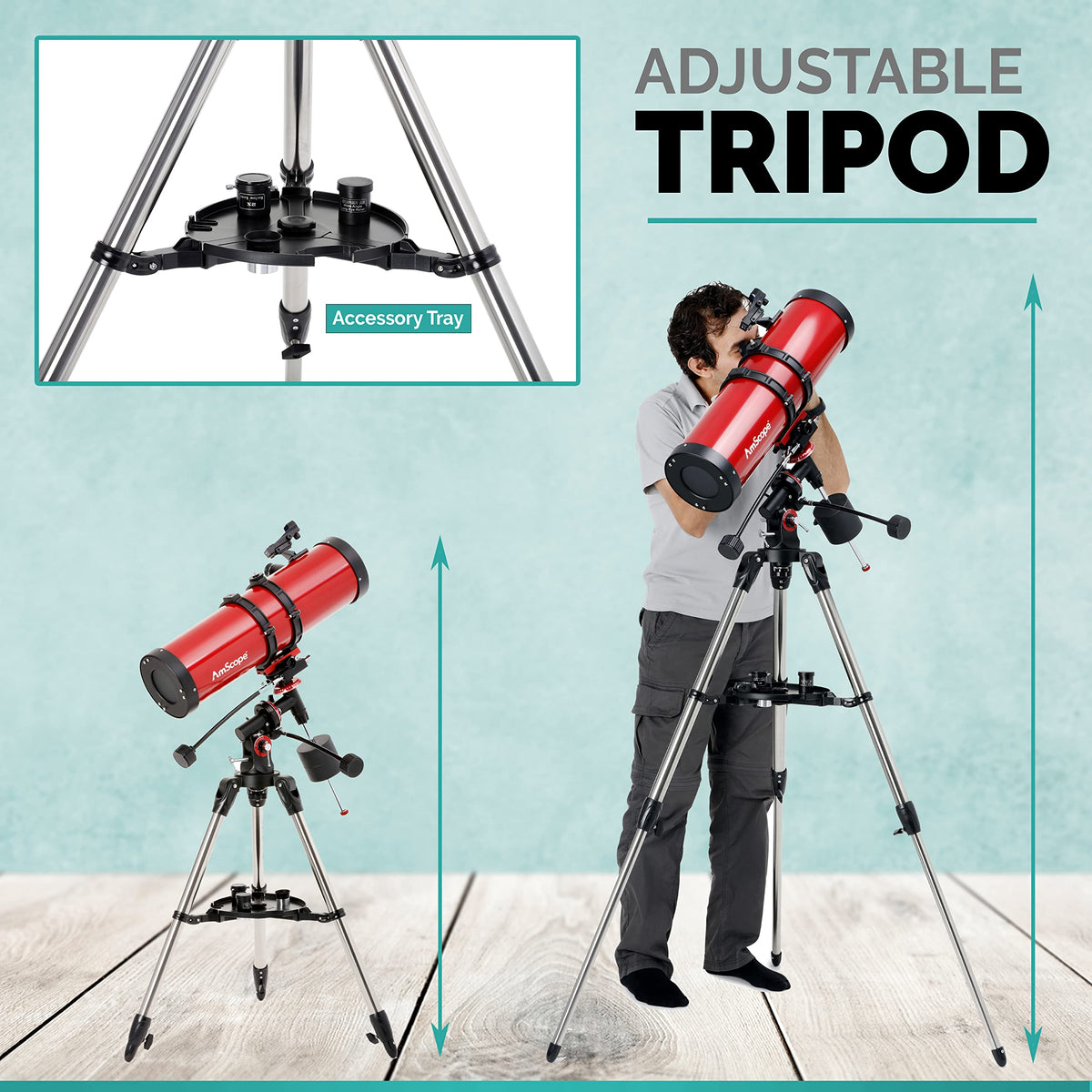AmScope stainless steel tripod keeps stability during observing.
