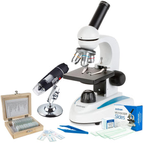 AmScope Super Savings microscope showing adjustable 40X–1000X magnification for student labs