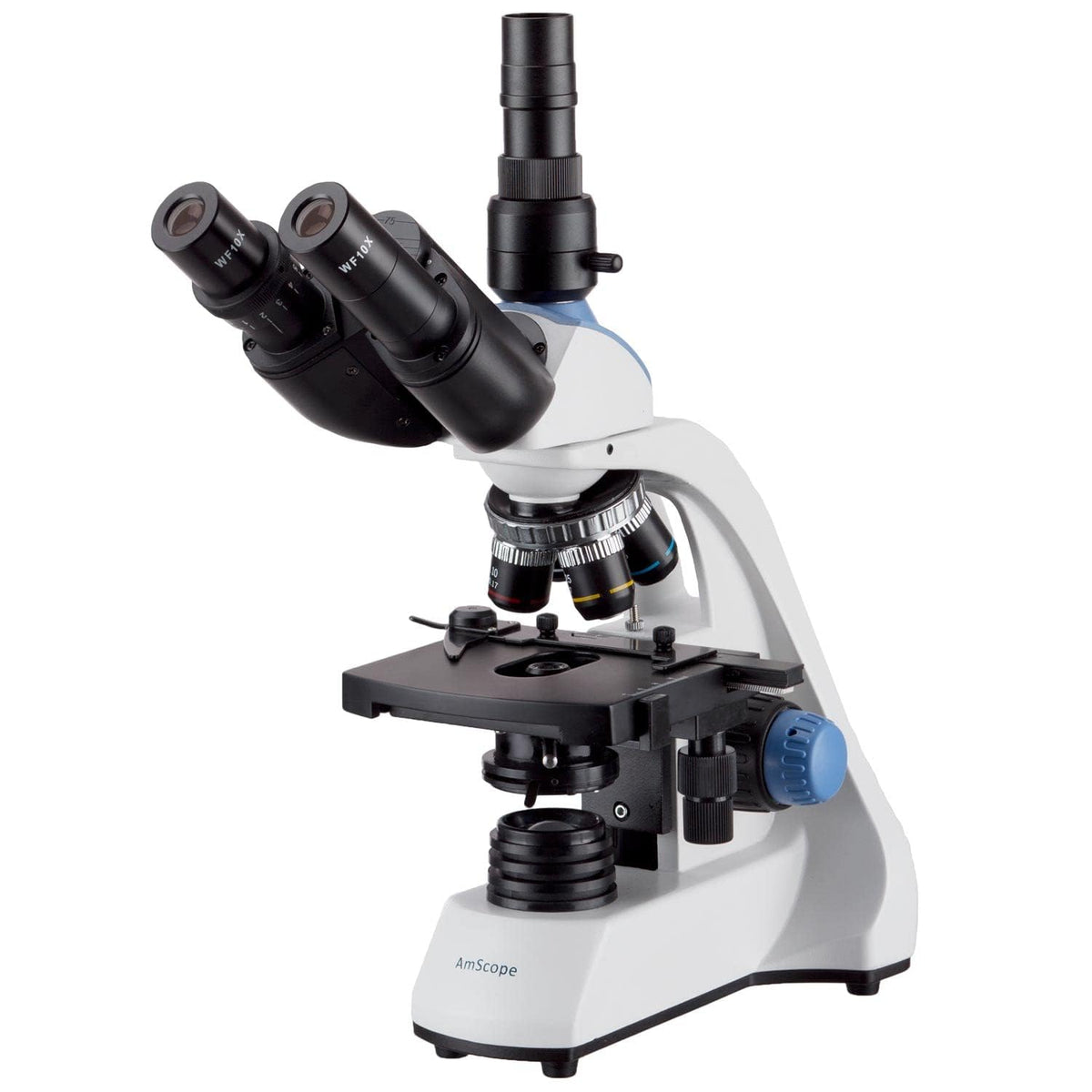 AmScope T250 magnification range 40X-2500X supports studying hair follicles, cells, bacteria.