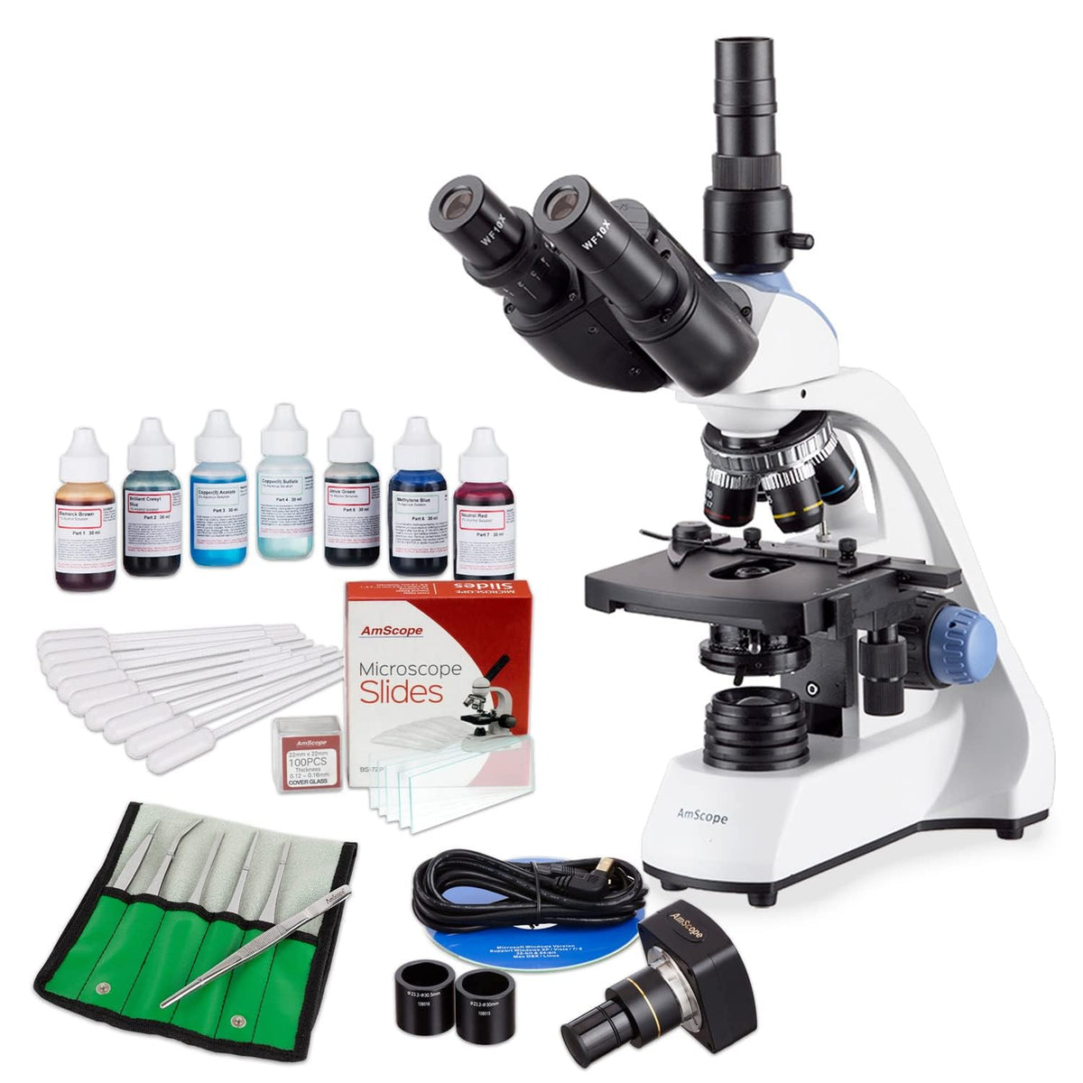 AmScope T250 trinocular head with adjustable alignment for comfortable viewing during long sessions.