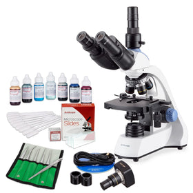AmScope T250 trinocular head with adjustable alignment for comfortable viewing during long sessions.