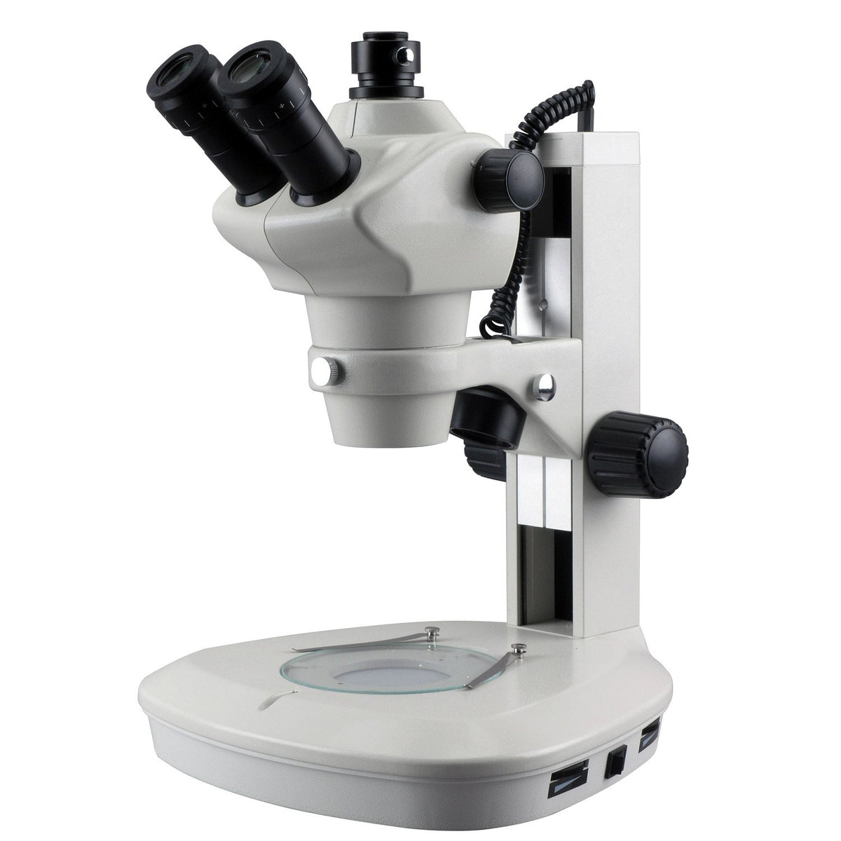 AmScope trinocular zoom head enabling hands-free viewing and image capture.