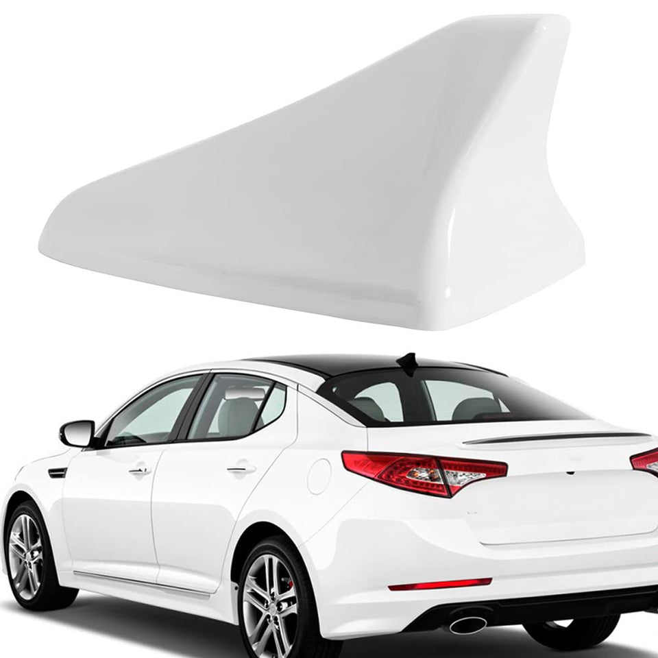 AMSPRAC Shark Fin Antenna Cover on Kia Optima in white, sleek styling and moisture protection.