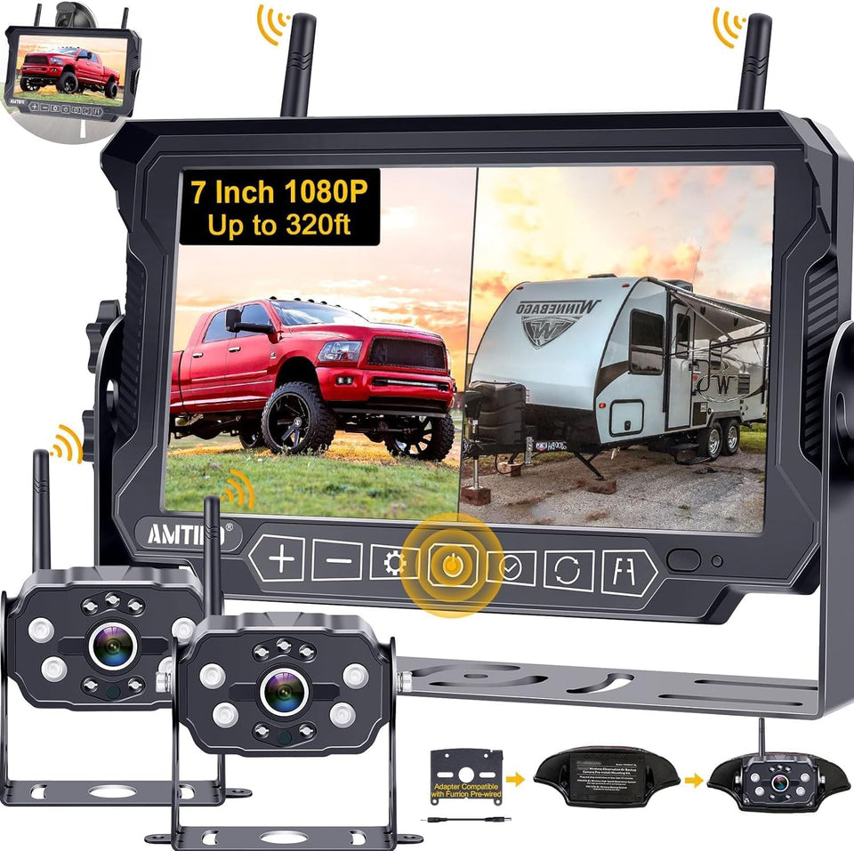 AMTIFO wireless RV backup camera front view delivers sharp 1080p footage for easy parking.