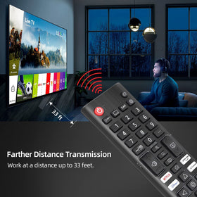 Amtone remote pointed at an LG TV in a living room showing instant plug-and-play use