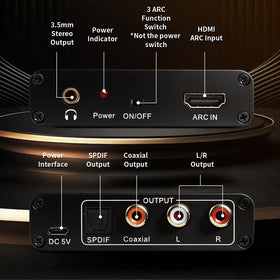 Amviuut HDMI ARC Audio Extractor side ports ready for optical, coaxial, and RCA connections