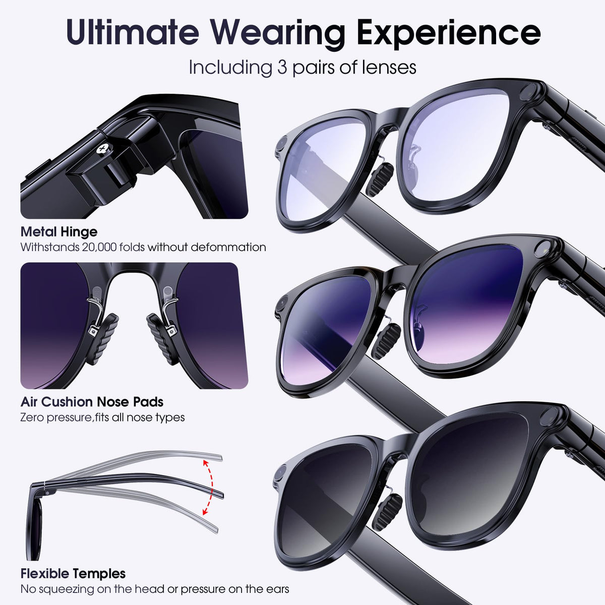 Amwentu AI Smart Glasses three interchangeable lenses for sun and indoor use.
