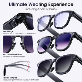 Amwentu AI Smart Glasses three interchangeable lenses for sun and indoor use.