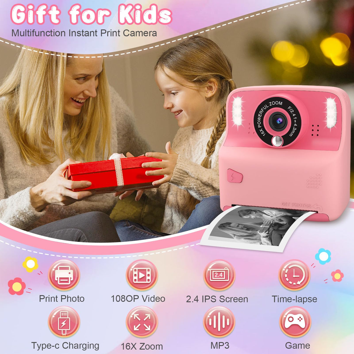 Amzelas Kids Instant Print Camera with 2-4 inch screen for quick photo review