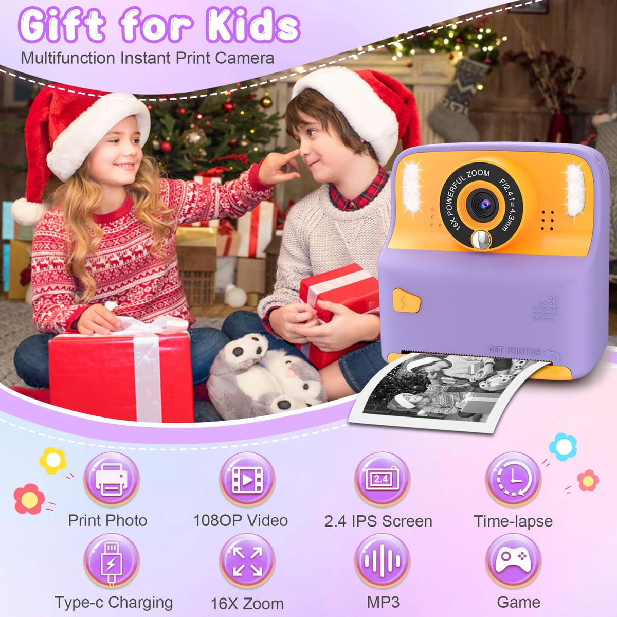 Amzelas Kids Instant Print Camera purple back view for quick on-the-go use.