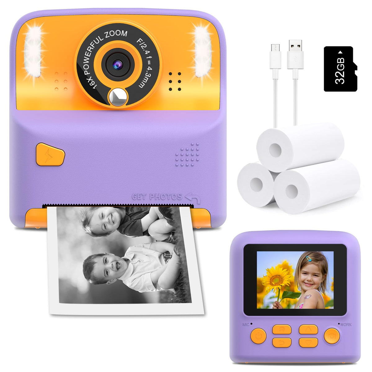 Amzelas Kids Instant Print Camera purple front view for easy photography on the move.