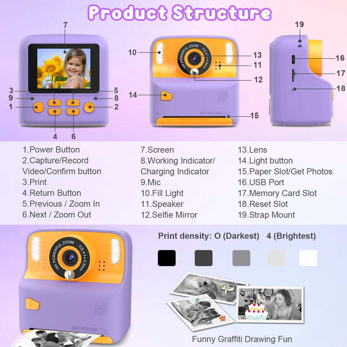 Amzelas Kids Instant Print Camera purple in-use on the go.