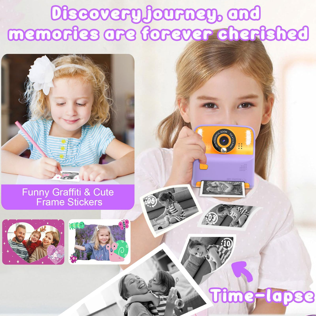 Amzelas Purple print rolls included for instant black-and-white photos.