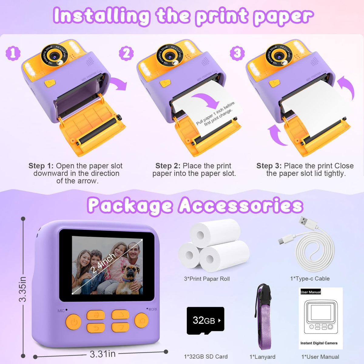 Amzelas Purple camera with Type-C charging supports quick setup and transfers.