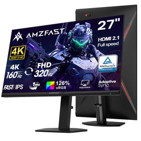 Amzfast 27-inch dual-mode 4K monitor front view showing vivid color and responsive gaming performance