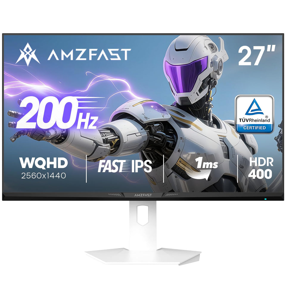 Amzfast 27-inch monitor front view highlighting sharp 1440p details for immersive play