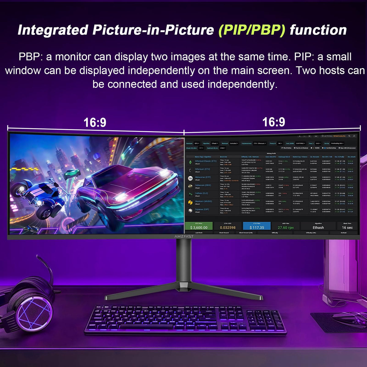 Amzfast 49-inch curved monitor multiple HDMI DP ports for versatile connectivity