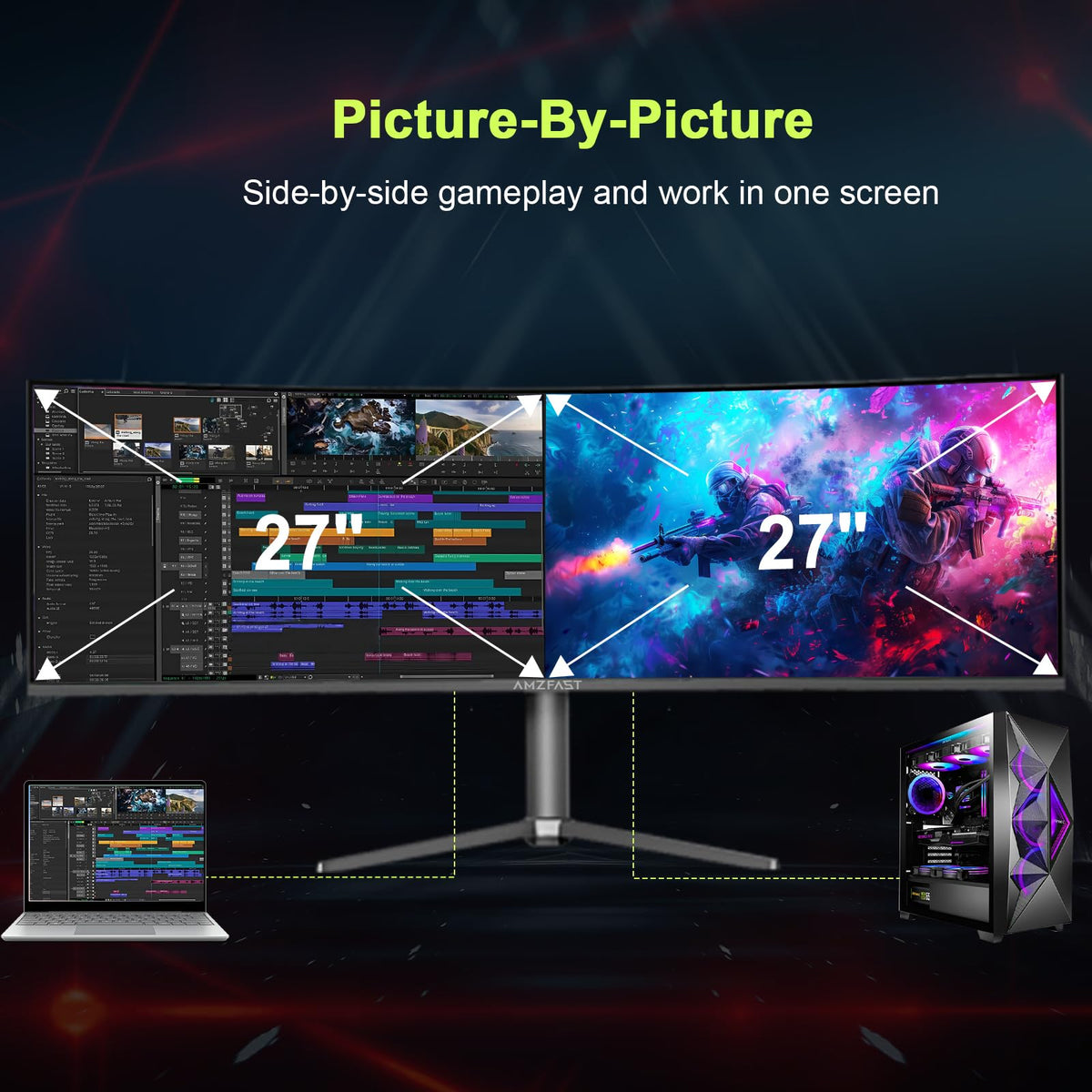 Amzfast 49-inch curved monitor PIP/PBP split-screen for multitasking across inputs