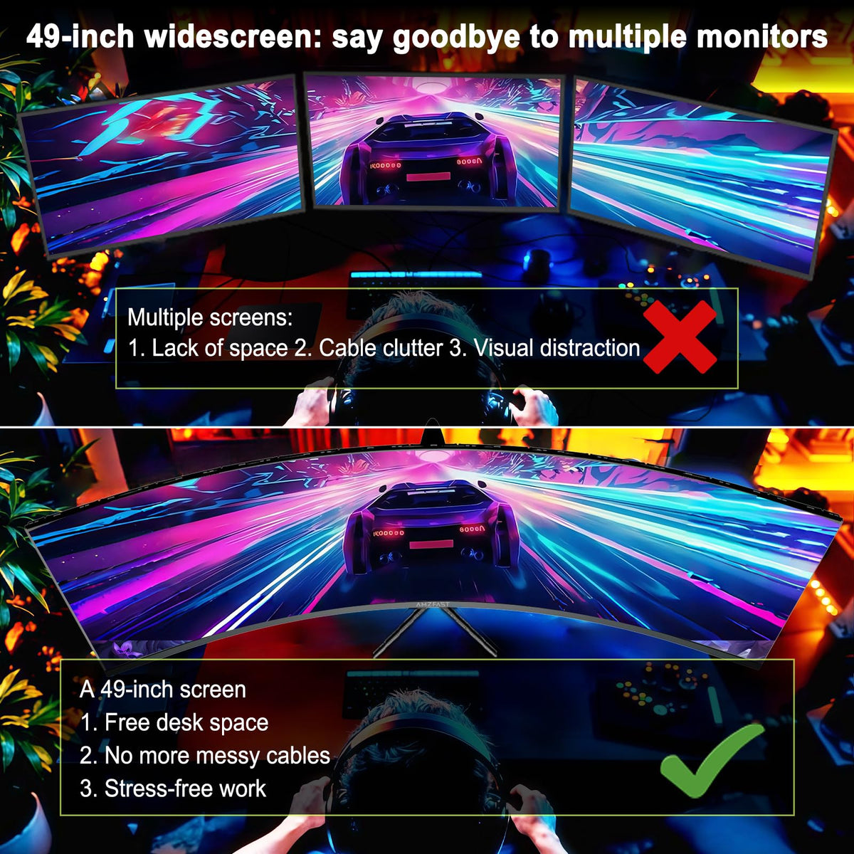 Amzfast 49-inch curved monitor tilt and rotate for optimal angles