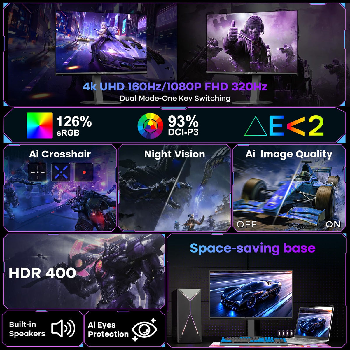 Amzfast 4K gaming monitor HDR400 front view highlighting bright highlights and detailed shadows