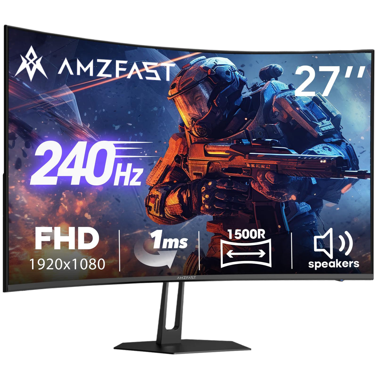 Amzfast AMZG27C1 Pro front view shows a 27-inch curved display for immersive gaming.