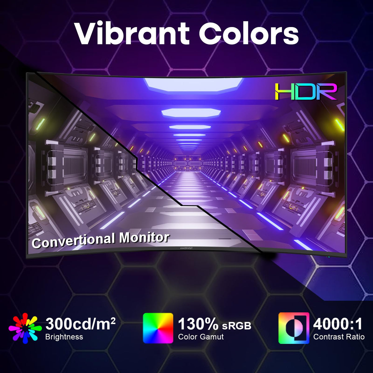 Amzfast AMZG27C1 Pro HDR10 brightness supports vivid visuals in bright rooms.