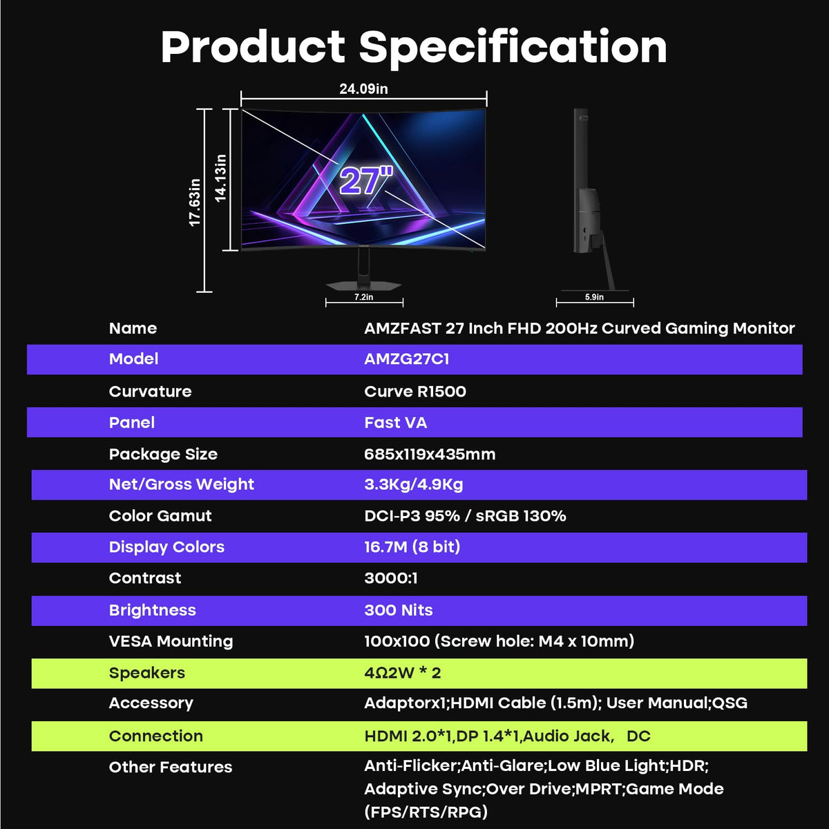 Amzfast AMZG27C1 VESA mount ready for flexible setup