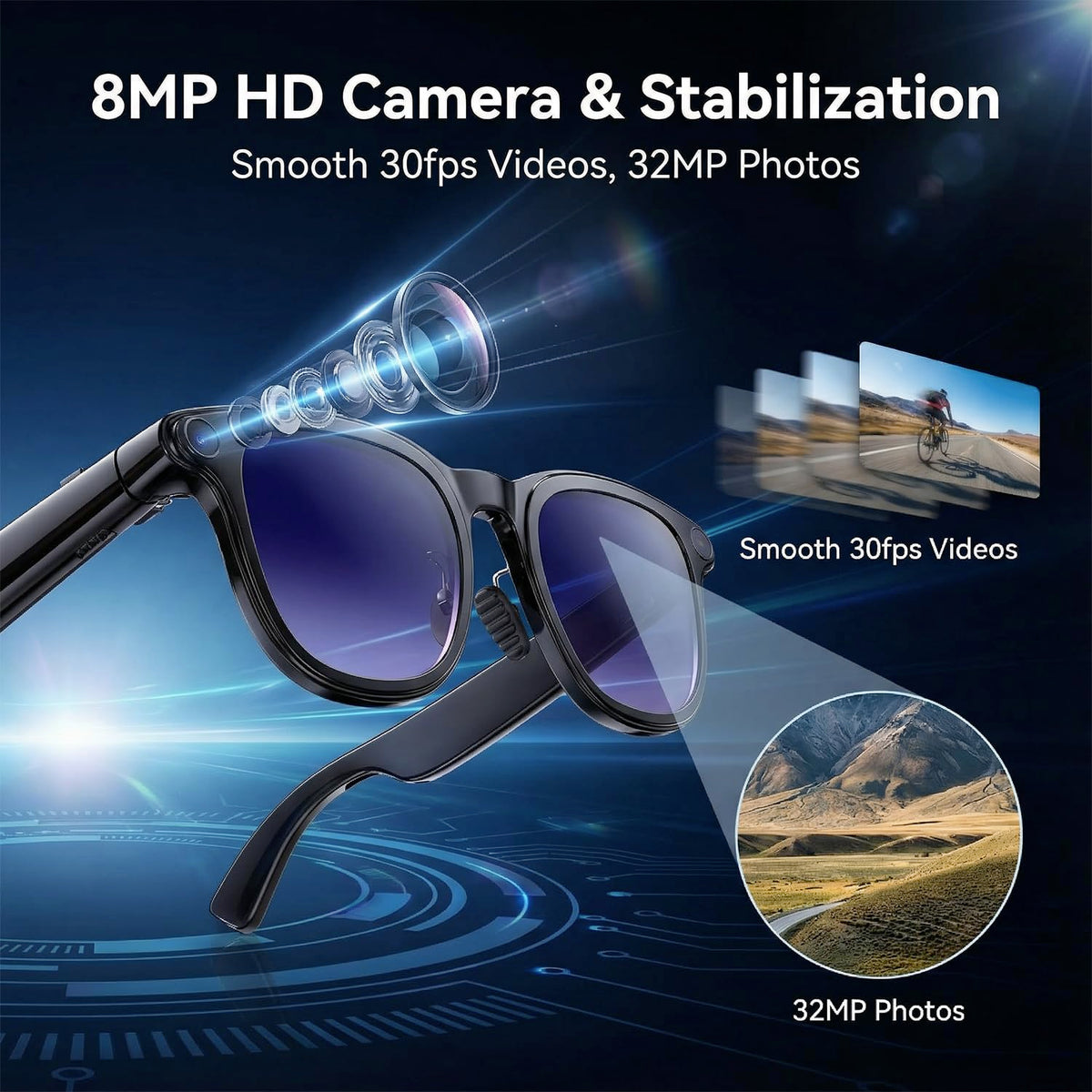 AMZISH AI Smart Glasses deliver up to 8 hours of audio playback.