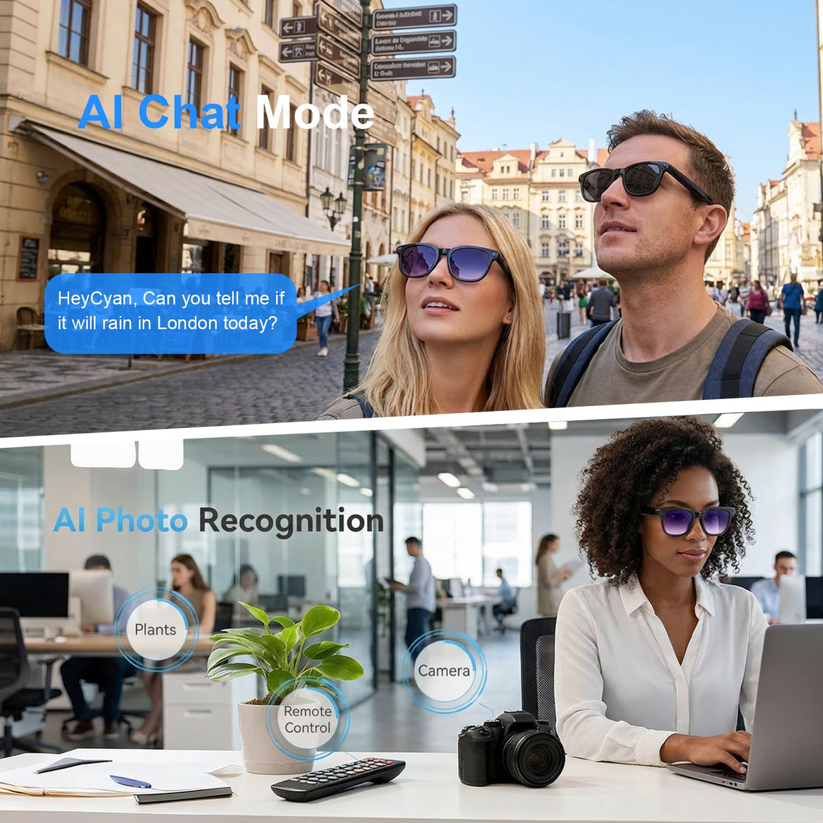 AMZISH AI Smart Glasses open-ear audio keeps you aware while listening.
