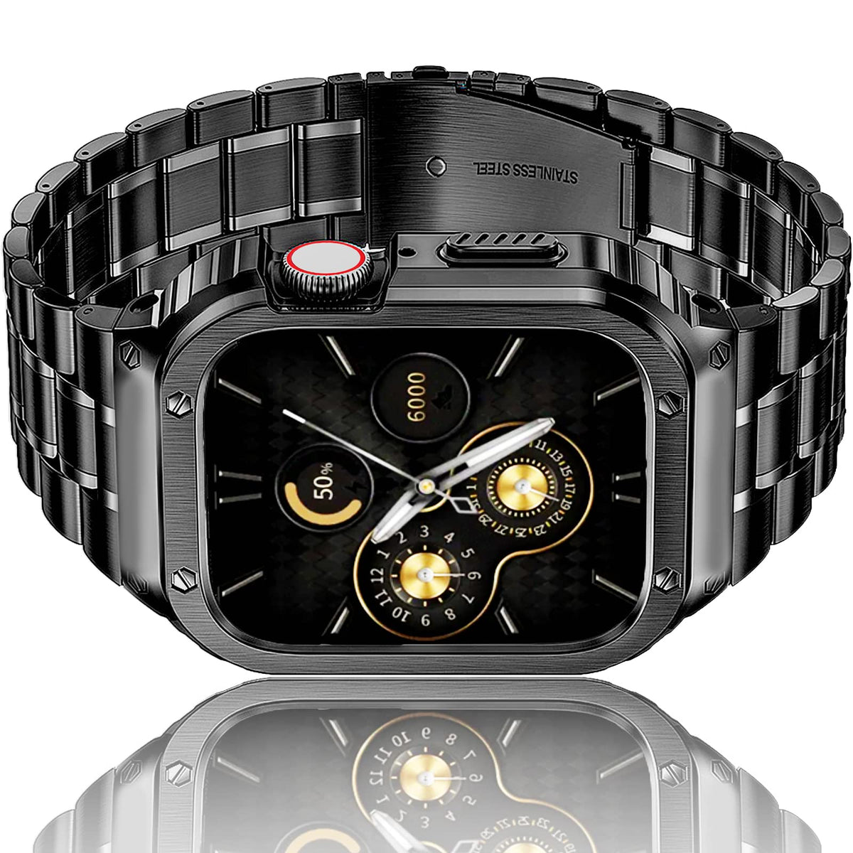 Amznew front view of metal band and case showing sleek durable protection and refined style