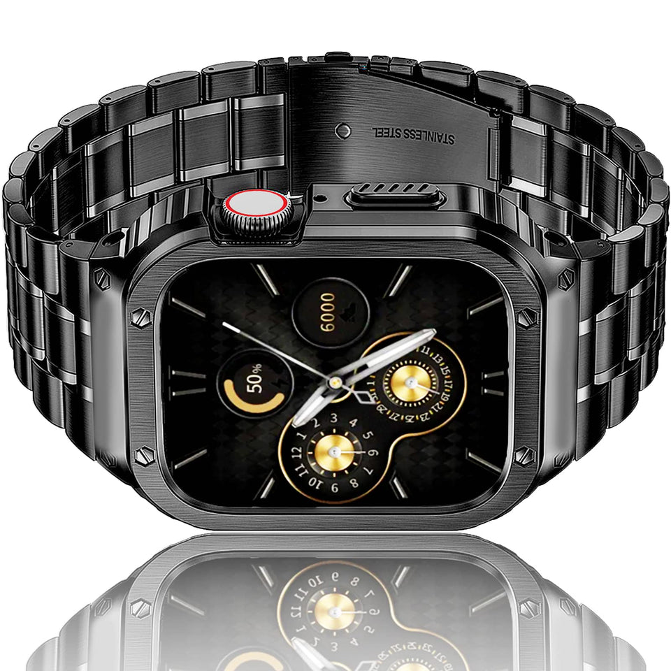 Amznew front view of metal band and case showing sleek durable protection and refined style