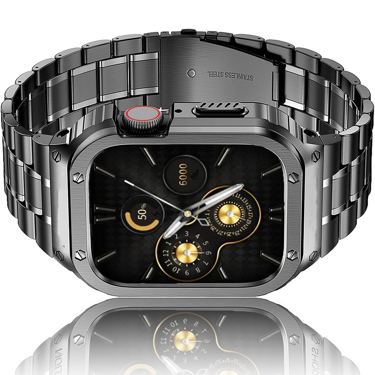 Amznew HASLFM front view showing polished steel band and protective case for classic durability