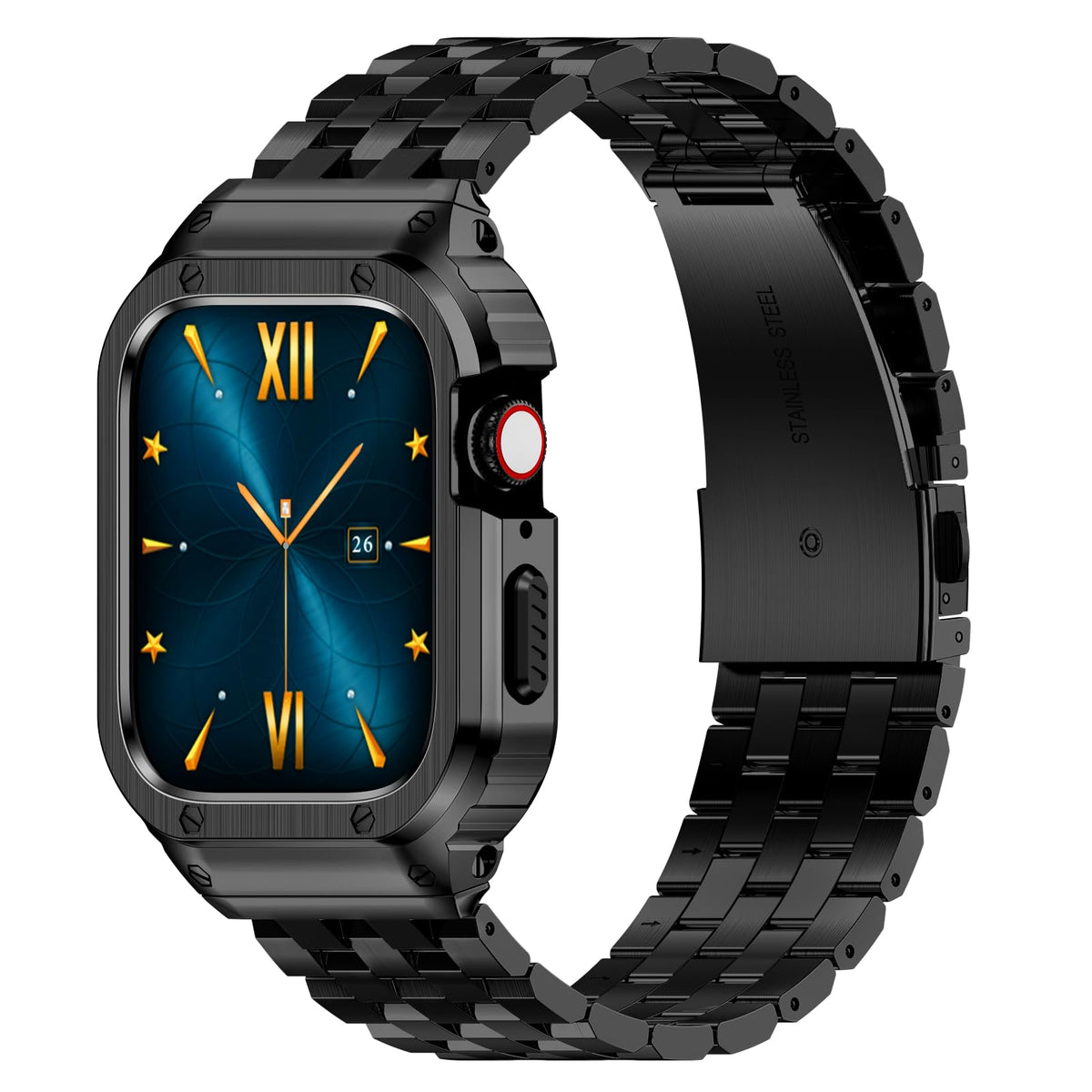 Amznew HASLFM stainless-steel band with case — front view showing durable protection.