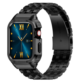 Amznew HASLFM stainless-steel band with case — front view showing durable protection.