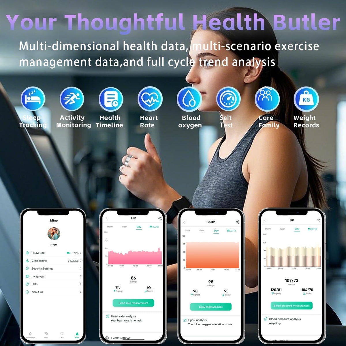 Anarow smart ring display of heart rate, SpO2 and BP metrics with app