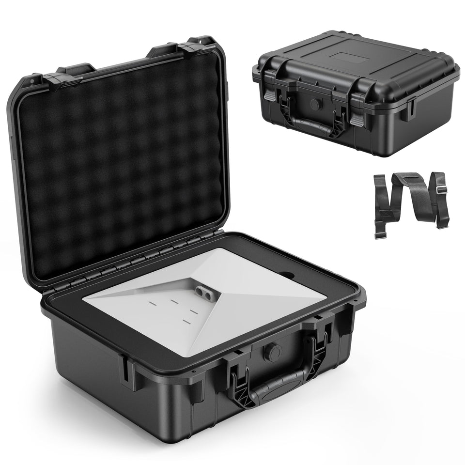 Anautin case front view showing sturdy latches and waterproof shell for secure travel