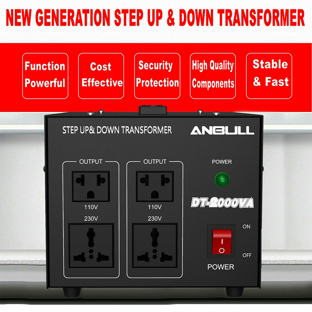Anbull back view displaying control switch and input plug.