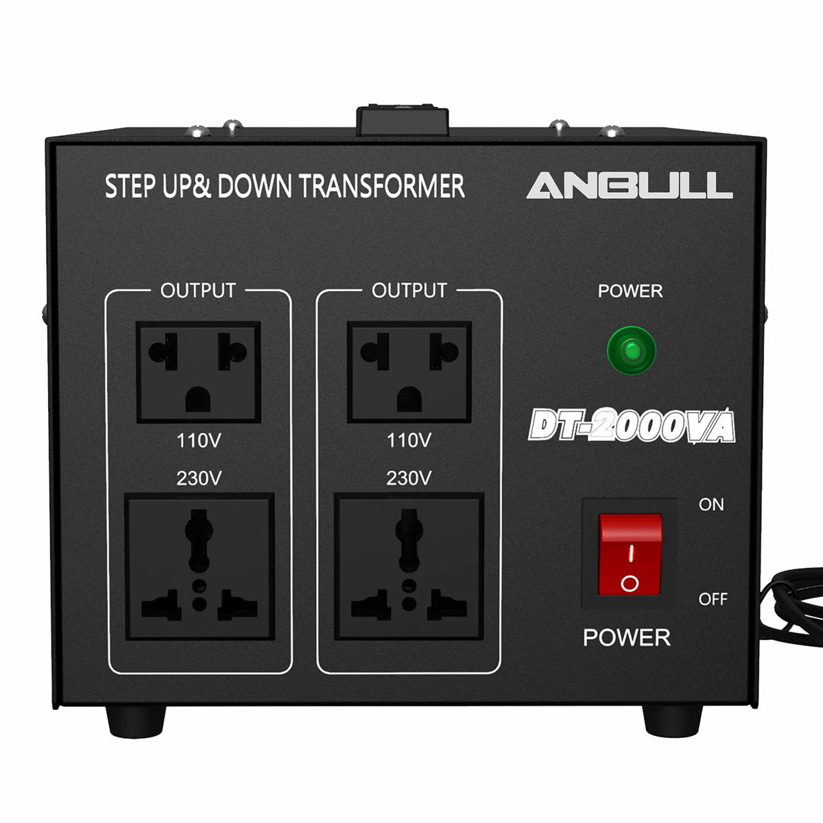 Anbull 2000W voltage converter front view showing compact heavy-duty design for global devices.