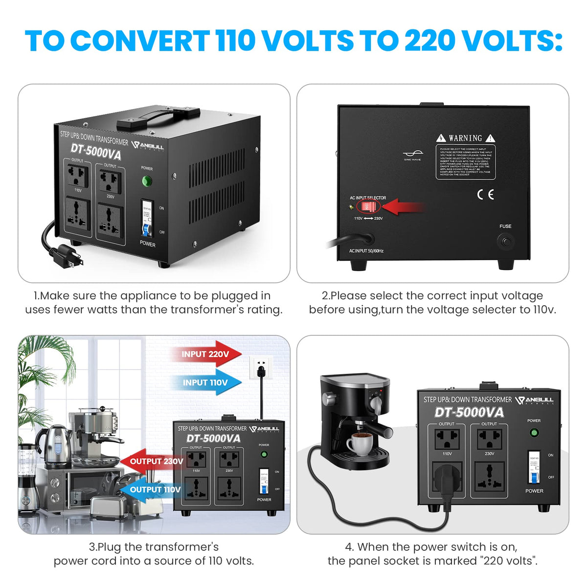 Anbull 5000W outlets showing two 110V and two 230V sockets.