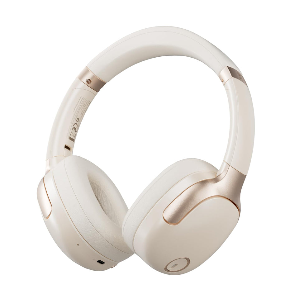 ANCAMITA front view of off-white headphones showing sleek design and portability benefit