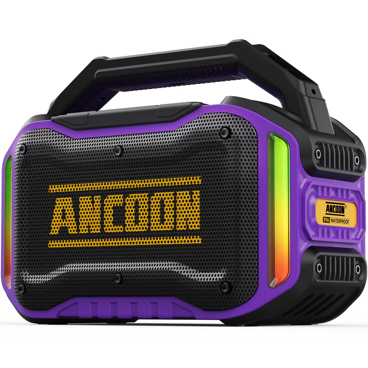 ANCOON Bluetooth speaker with purple LED lights for outdoor party ambience.