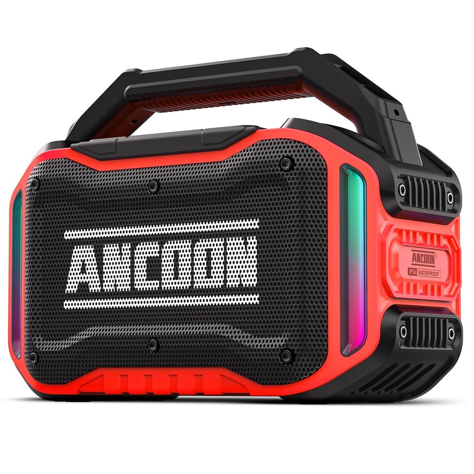 ANCOON Bluetooth speaker front view with LED lights for party ambiance.
