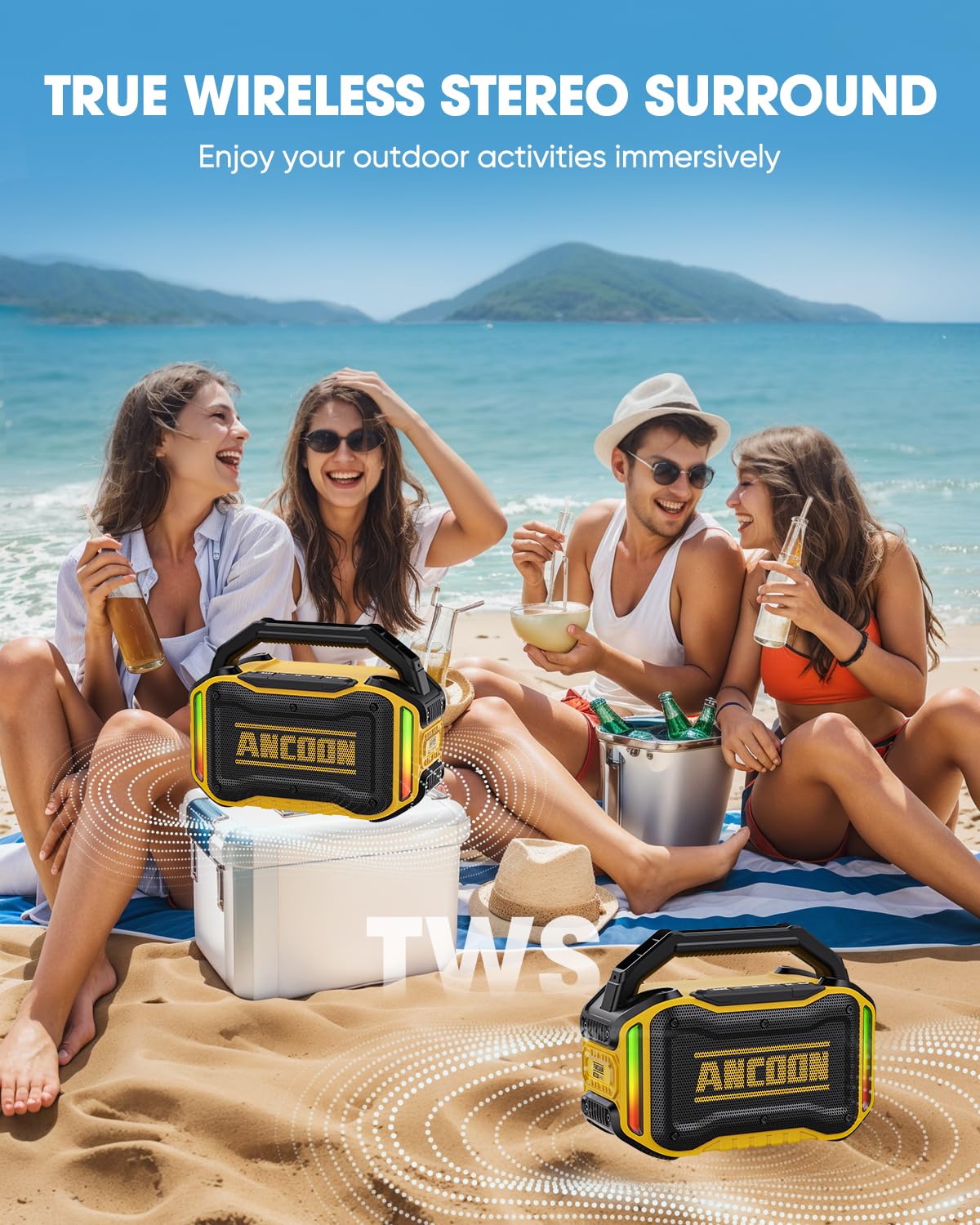 ANCOON Speakers waterproof body ensures durability in rain, splashes, or poolside events.