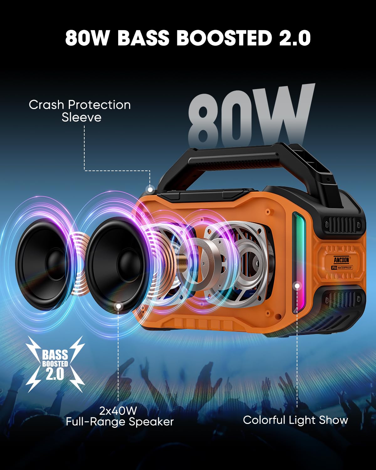 ANCOON speaker with IPX6 waterproof protection for rain and splashes.