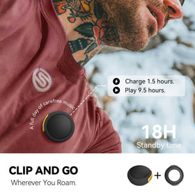 ANCwear waterproof mini speaker clipped to clothing during outdoor commutes.