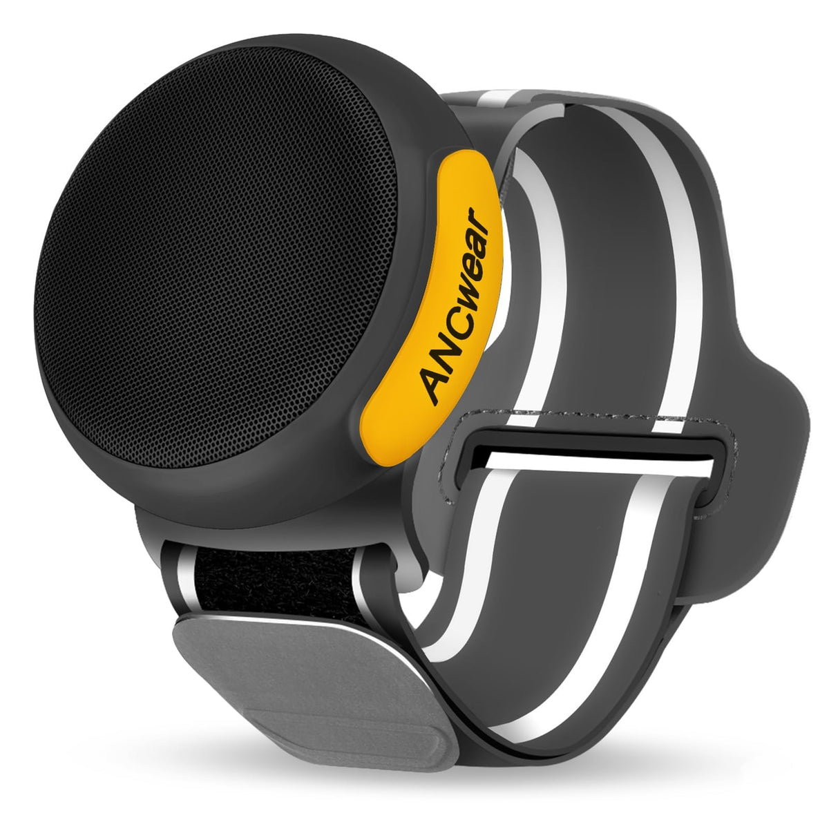ANCwear wearable Bluetooth speaker clipped on the wrist for active workouts.