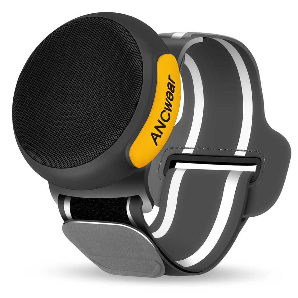 ANCwear wearable Bluetooth speaker clipped on the wrist for active workouts.