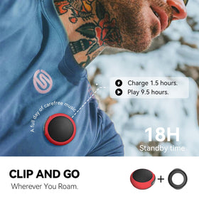 ANCwear wearable speaker hung from a bag for travel and cycling audio.