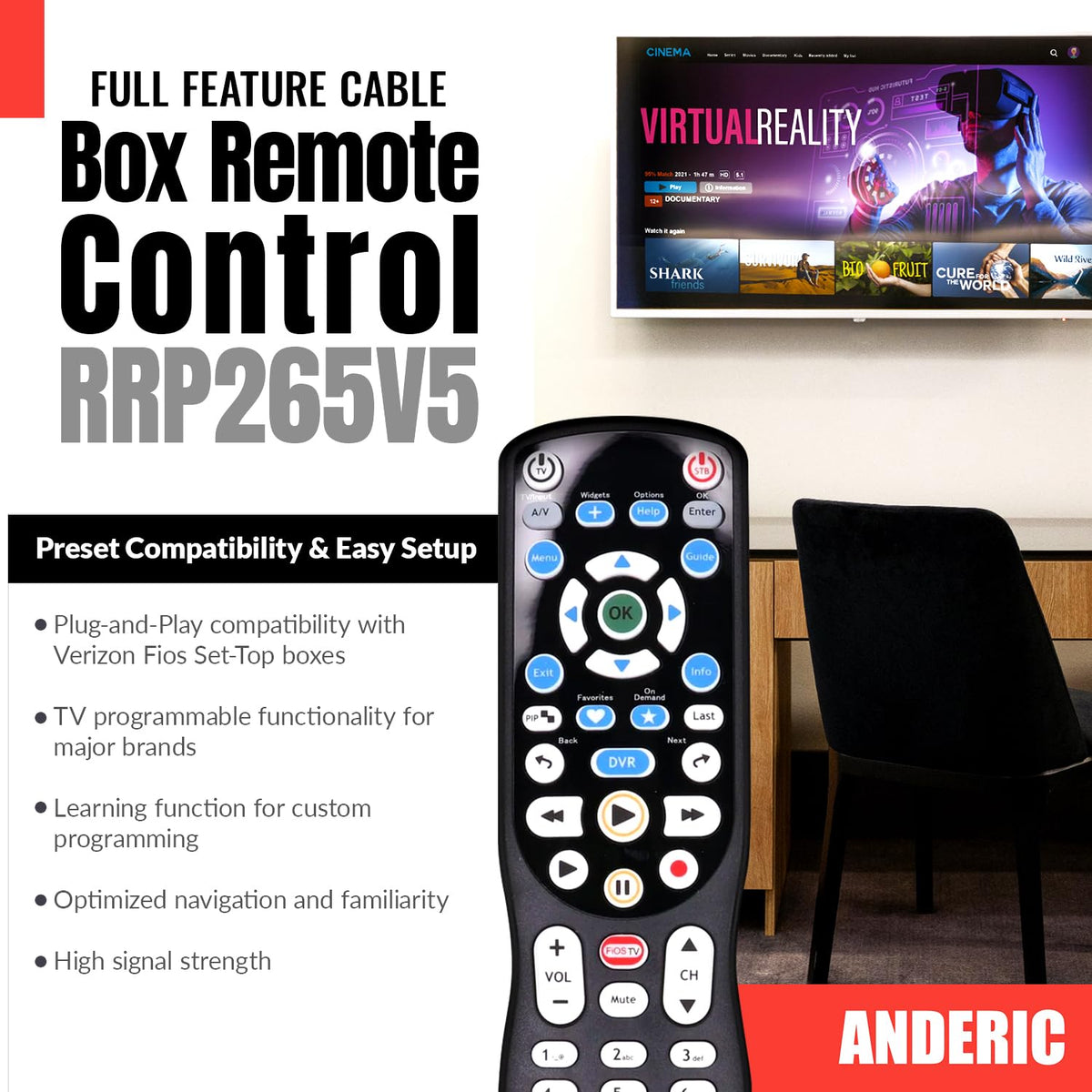 Rear view of Anderic RRP265V5 remote showing battery compartment